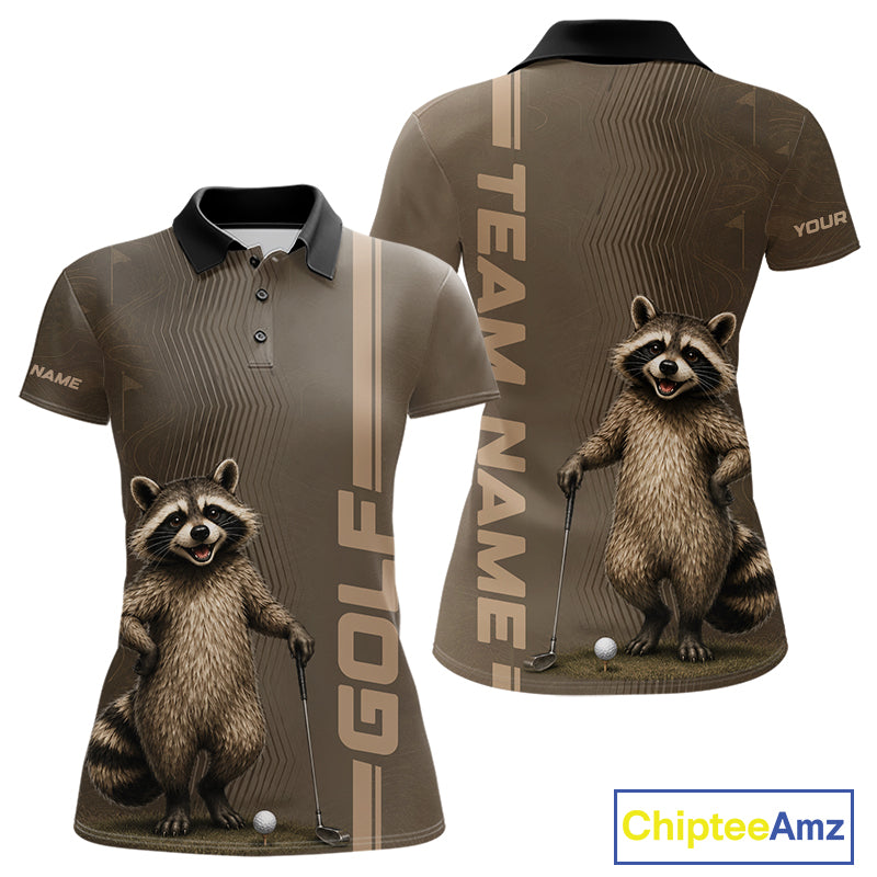 Personalized Funny Brown Raccoon Custom Name Polo Golf Shirt For Womens, Golfer Gifts NBT888