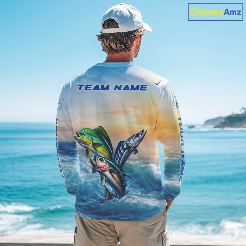 Angler wearing mahi mahi wahoo tuna blue performance fishing shirt on boat with custom team name on the back