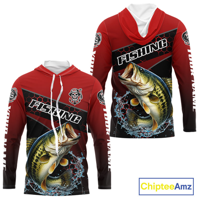 Largemouth Bass Hooded Fishing Shirts Red Camo Custom Name, Bass Fishing Shirts NBT463