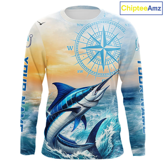 Blue Marlin Fishing Sunset Custom Fishing Long Sleeve Shirt, Marlin Compass Offshore Fishing Apparel NBT584