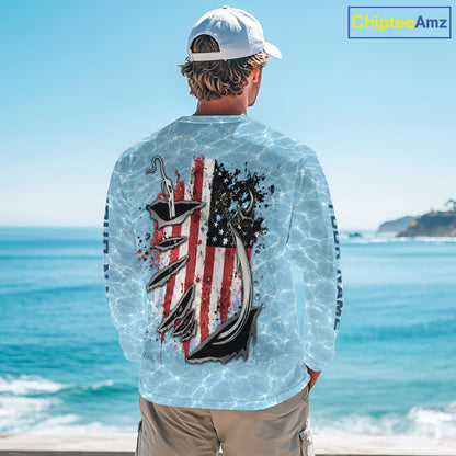 Custom Bass Fishing Long Sleeve American Flag Fish Reaper Fishing Shirts, Bass Fishing Jerseys NBT729