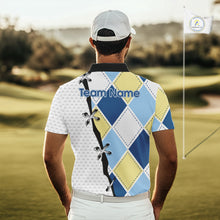 Load image into Gallery viewer, Mens golf polo shirt custom blue and yellow argyle plaid pattern - back view