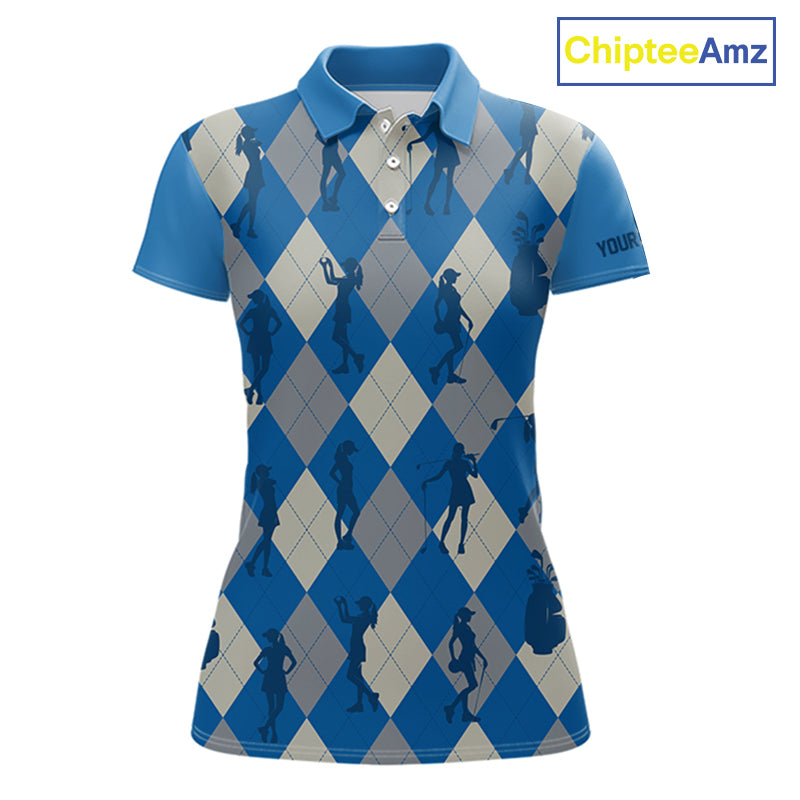 Blue Argyle Womens Golf Polo Shirts, Golf Shirts Custom Team Golf Polo For Ladies Team Golf Tops NBT489