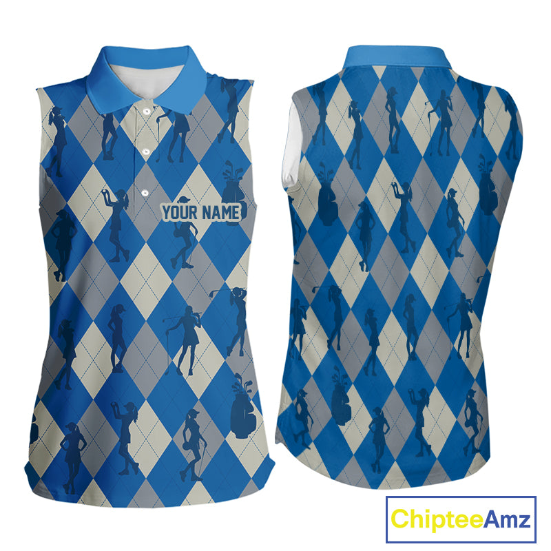 Blue Argyle Womens Sleeveless Golf Polo Shirts, Golf Shirts Custom Team Golf Polo For Ladies Team Golf Tops NBT489