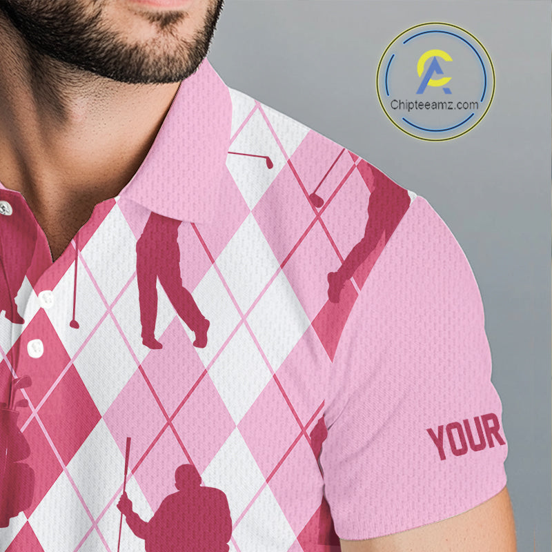 Light Pink Argyle Mens Golf Polo Shirts, Golf Shirts Custom Team Golf Polo For Men Team Golf Tops NBT491