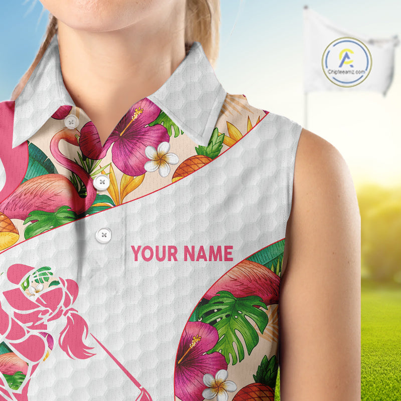 Colorful Tropical Pattern Womens Sleeveless Golf Polo Shirt Custom Name White Golf Shirt, Golf Gifts NBT499