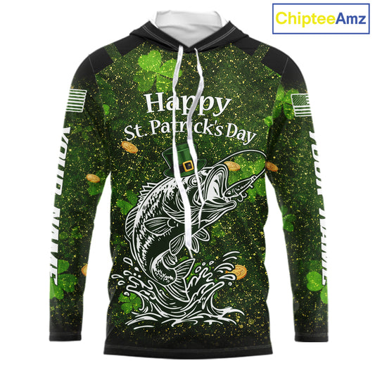 Custom St Patrick's Day American Flag Bass Long Sleeve Hooded Fishing Shirts, Patriotric Bass Fishing Jerseys NBT381