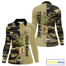 Load image into Gallery viewer, Funny Skull Golf Polo Shirts Green Camo Pattern Custom Name Skull Playing Golf Apparel NBT625