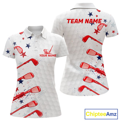 White polo shirt with red and blue designs and 'Your Name' 'Team Name' text
