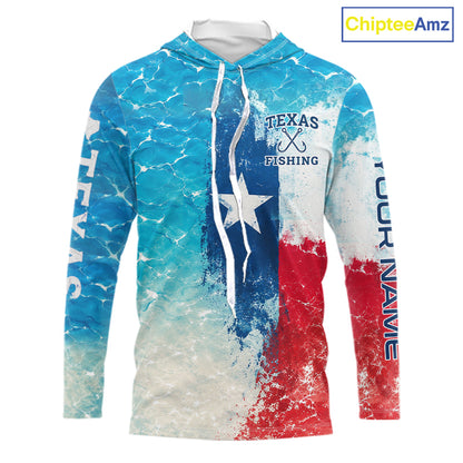 Front view of Texas Slam Fishing ocean camo hooded shirt with Texas flag design