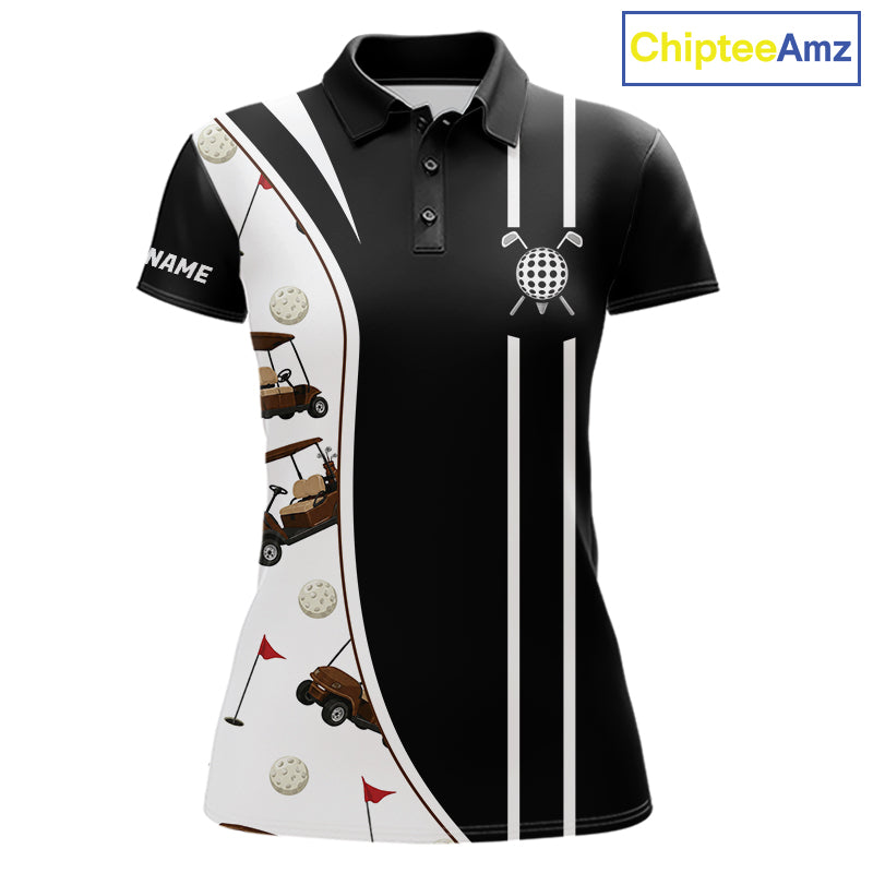 Front view of personalized golf polo shirt for women with golf cart pattern