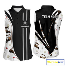 Load image into Gallery viewer, Front and back view of personalized sleeveless golf polo shirt for women with golf cart pattern and personalized name