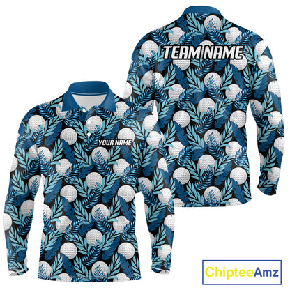 Custom Black Blue Tropical Golf Ball Pattern Mens Polo Golf Shirts, Golf Gifts For Team NBT964