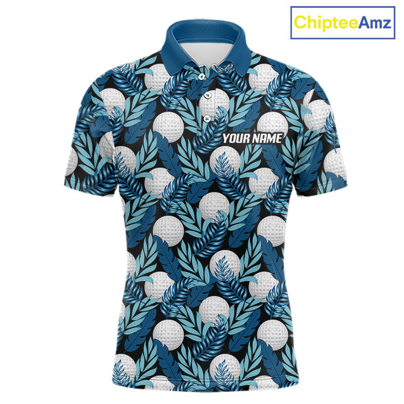 Custom Black Blue Tropical Golf Ball Pattern Mens Polo Golf Shirts, Golf Gifts For Team NBT964