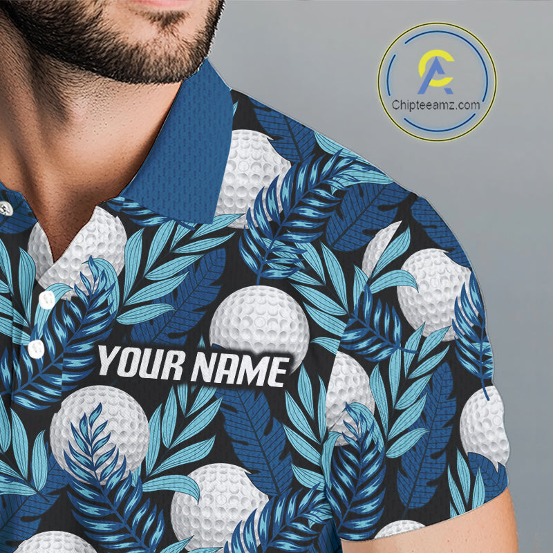 Custom Black Blue Tropical Golf Ball Pattern Mens Polo Golf Shirts, Golf Gifts For Team NBT964