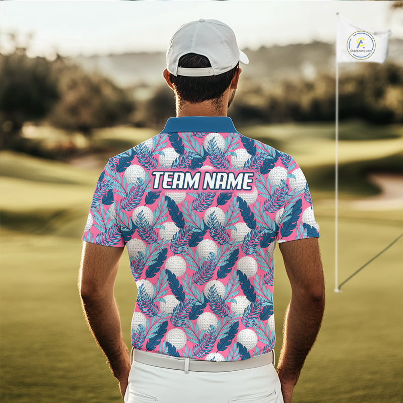 Custom Pink Blue Tropical Golf Ball Pattern Mens Polo Golf Shirts, Golf Gifts For Team NBT965