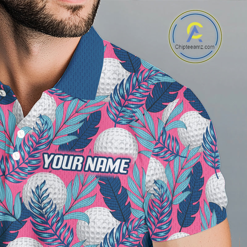 Custom Pink Blue Tropical Golf Ball Pattern Mens Polo Golf Shirts, Golf Gifts For Team NBT965