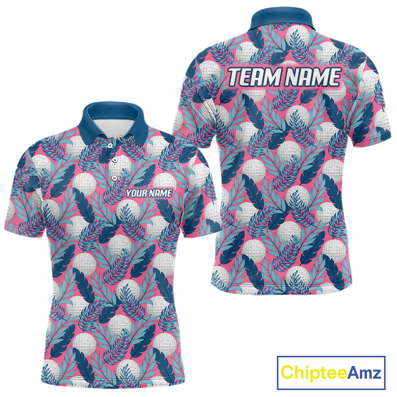Custom Pink Blue Tropical Golf Ball Pattern Mens Polo Golf Shirts, Golf Gifts For Team NBT965