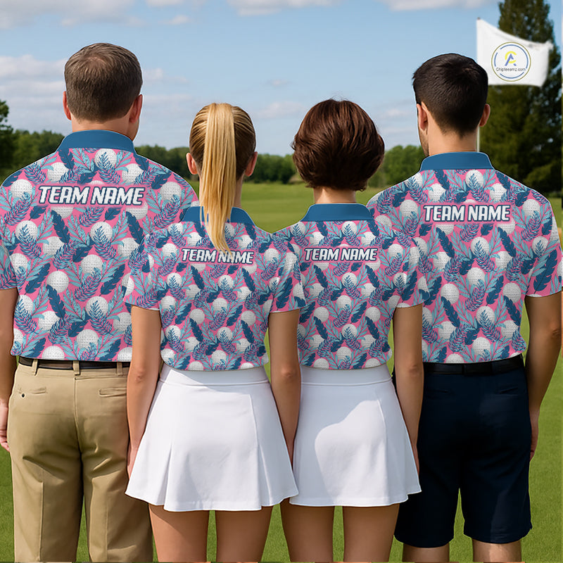 Custom Pink Blue Tropical Golf Ball Pattern Mens Polo Golf Shirts, Golf Gifts For Team NBT965