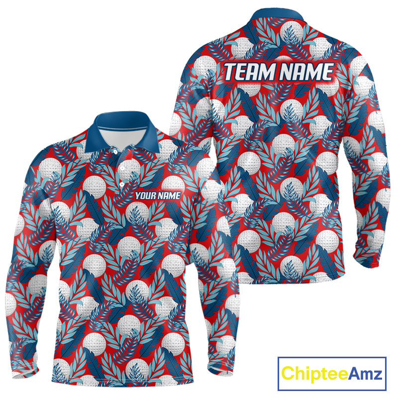 Custom Red Blue Tropical Golf Ball Pattern Mens Polo Golf Shirts, Golf Gifts For Team NBT966