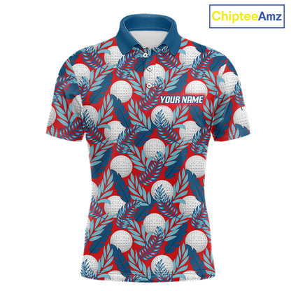 Custom Red Blue Tropical Golf Ball Pattern Mens Polo Golf Shirts, Golf Gifts For Team NBT966