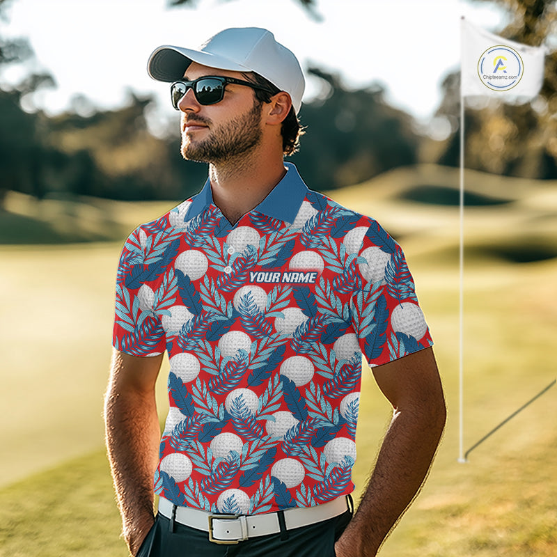 Custom Red Blue Tropical Golf Ball Pattern Mens Polo Golf Shirts, Golf Gifts For Team NBT966