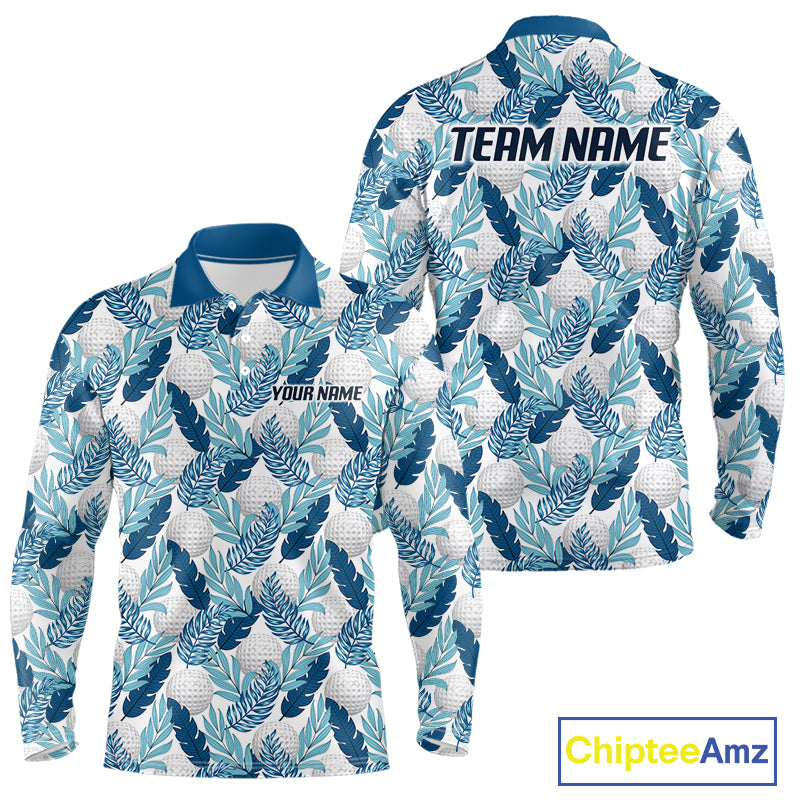 Custom White Blue Tropical Golf Ball Pattern Mens Polo Golf Shirts, Golf Gifts For Team NBT967