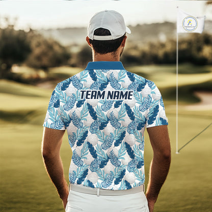 Custom White Blue Tropical Golf Ball Pattern Mens Polo Golf Shirts, Golf Gifts For Team NBT967