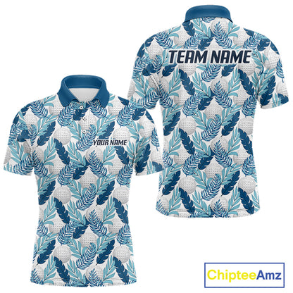 Custom White Blue Tropical Golf Ball Pattern Mens Polo Golf Shirts, Golf Gifts For Team NBT967
