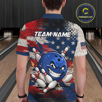 Funny American Flag Bowling Jersey For Men Custom Polo Bowling Shirt Patriotic Bowling Shirt For Team NBT968