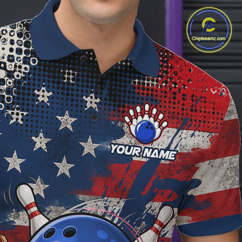 Funny American Flag Bowling Jersey For Men Custom Polo Bowling Shirt Patriotic Bowling Shirt For Team NBT968