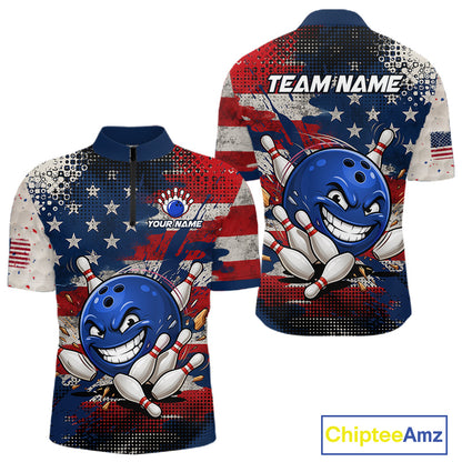 Funny American Flag Bowling Jersey For Men Custom Polo Bowling Shirt Patriotic Bowling Shirt For Team NBT968