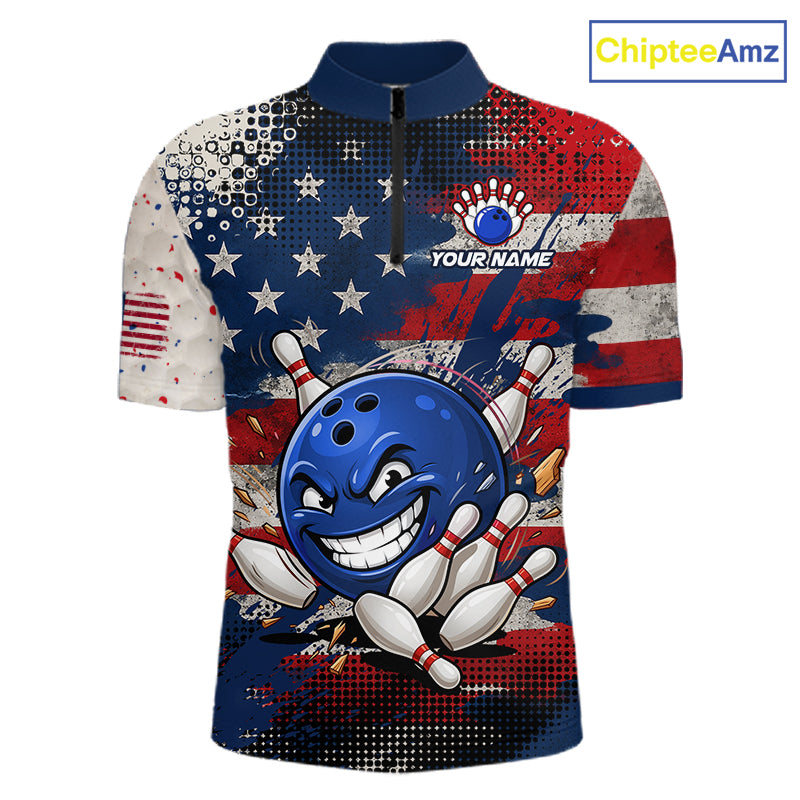 Funny American Flag Bowling Jersey For Men Custom Polo Bowling Shirt Patriotic Bowling Shirt For Team NBT968