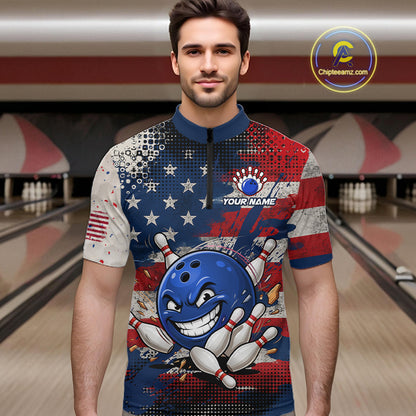 Funny American Flag Bowling Jersey For Men Custom Polo Bowling Shirt Patriotic Bowling Shirt For Team NBT968