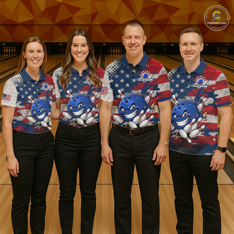 Funny American Flag Bowling Jersey For Men Custom Polo Bowling Shirt Patriotic Bowling Shirt For Team NBT968