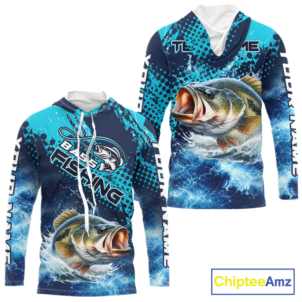 Thunder Lightning Bass Fishing Tournament Shirts with Hood Blue Camo, Custom Bass Fishing Shirts For Men NBT448