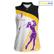 Load image into Gallery viewer, Yellow &amp; Purple  Zebra Pattern Womens Sleeveless Golf Polo Shirts Custom Name Gift For Golf Lovers NBT583