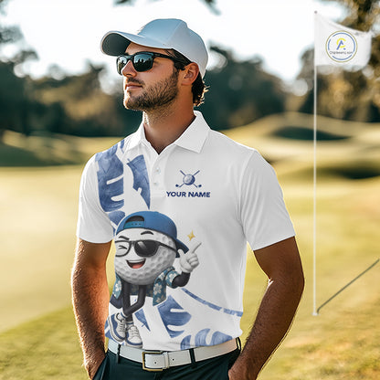Funny Golf Ball Tropical Pattern Custom Mens Golf Polo Shirts, Golfing Gifts|Blue NBT708