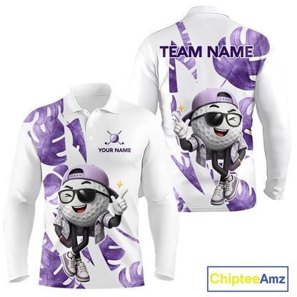 Funny Golf Ball Tropical Pattern Custom Mens Golf Polo Shirts, Golfing Gifts|Purple NBT710