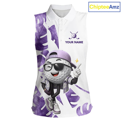 Funny Golf Ball Tropical Pattern Custom Womens Sleeveless Golf Polo Shirts, Golfing Gifts|Purple NBT710