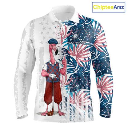 Front view of funny colorful rooster American Flag mens long sleeve golf polo shirt