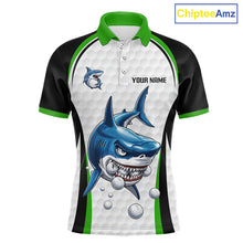 Load image into Gallery viewer, Green White Shark Pattern Mens Golf Polo Shirt Front View Custom Name