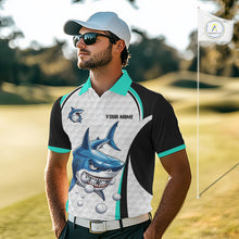 Load image into Gallery viewer, Man wearing Turquoise White Shark Pattern Mens Golf Polo Shirt Front View with Personalized Name on the chest