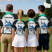 Load image into Gallery viewer, Team wearing Turquoise White Shark Pattern Mens Golf Polo Shirt Custom Team Name on the back