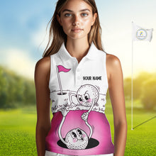 Load image into Gallery viewer, Pink Funny Sleeveless Golf Rescue Team Polo Shirt Custom Name, Golf Ball Cartoon Polo, White Golf Shirt NBT600