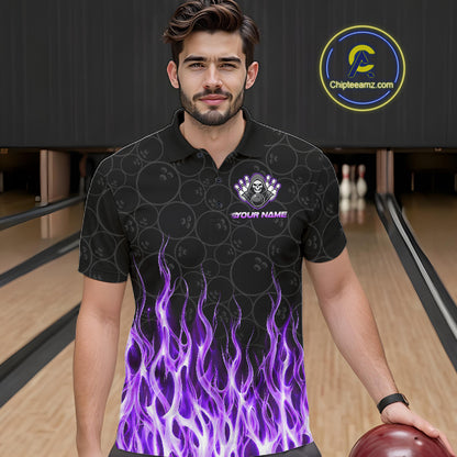 Bowler wearing custom purple fire flame Grim Reaper skull bowling shirt on the lanes