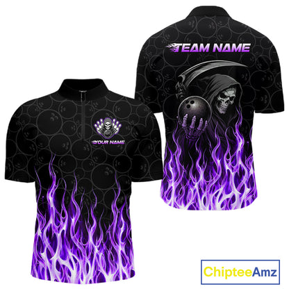 Front and back view of custom purple fire flame Grim Reaper skull bowling quarter zip shirt for men