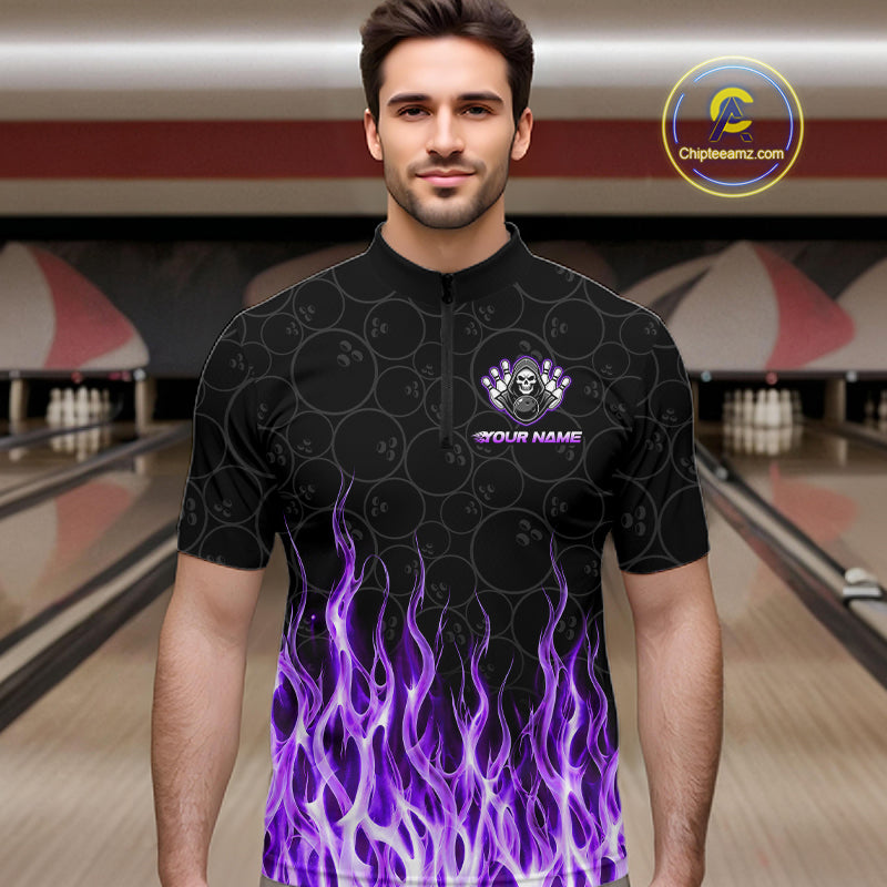 Bowler wearing custom purple fire flame Grim Reaper skull 1/4 quarter bowling shirt on the lanes