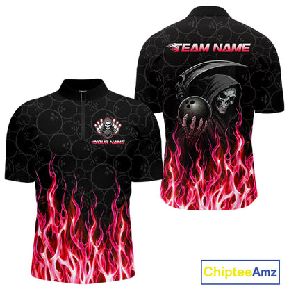 Front and back view of custom red fire flame Grim Reaper skull bowling quarter zip shirt for men