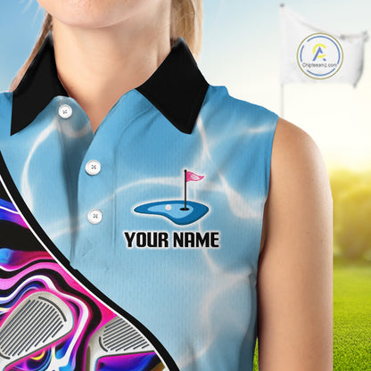 Womens Sleeveless Golf Polo Shirt Holographic Marble Golf Pattern For Team, Golf Attire For Women|Blue NBT724